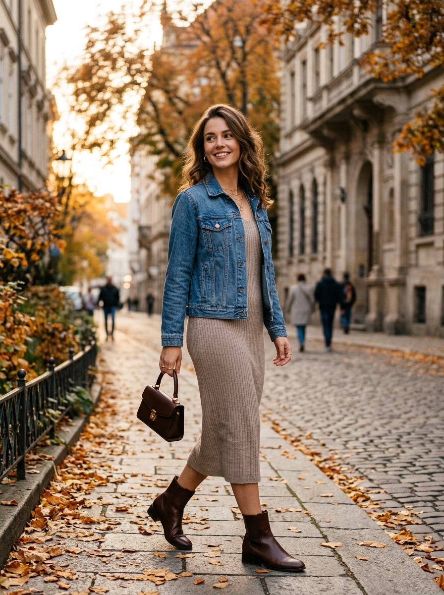 Denim Jacket With Knit Midi Dress