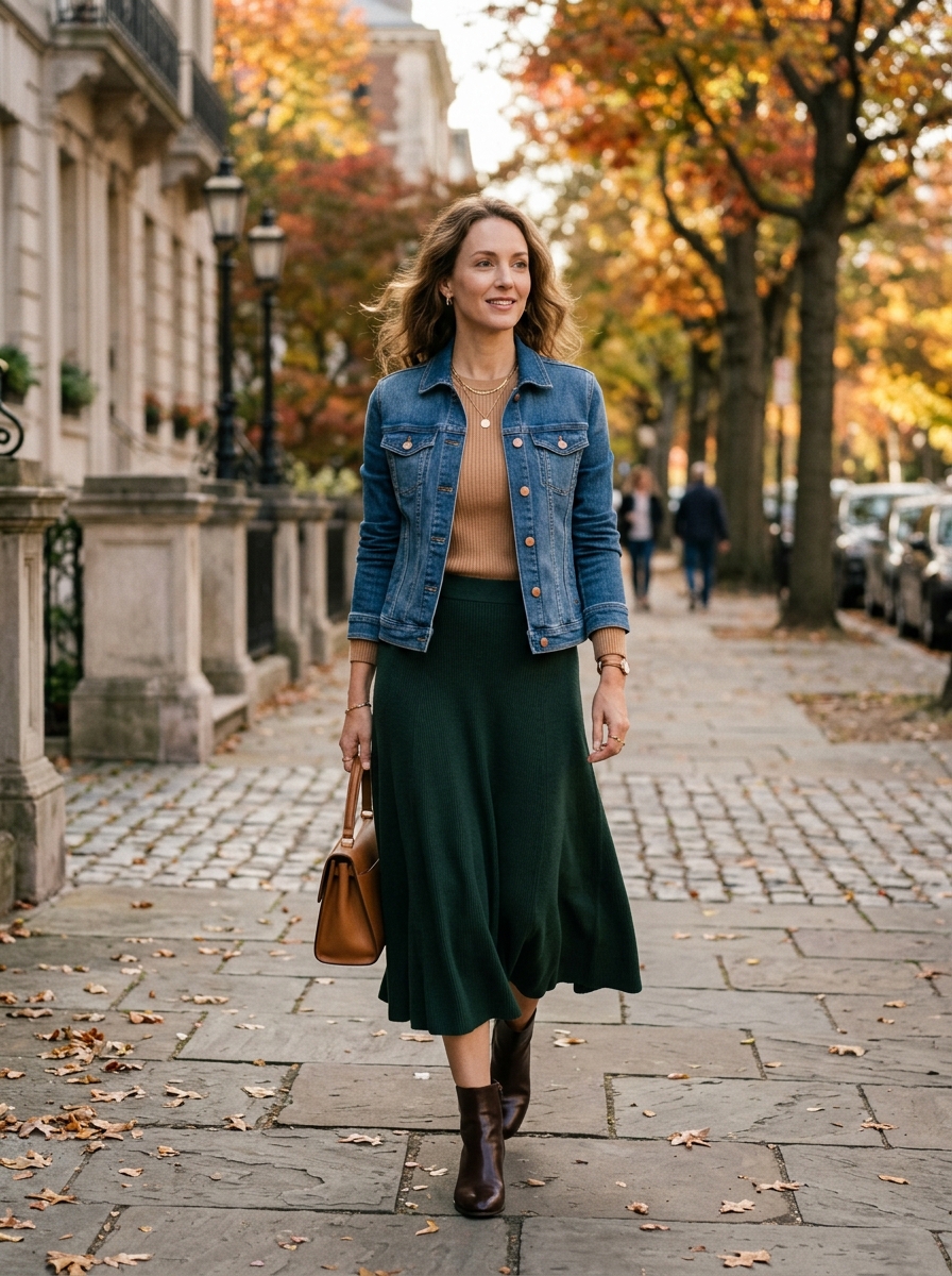 Denim Jacket With Knit Midi Skirt and Boots