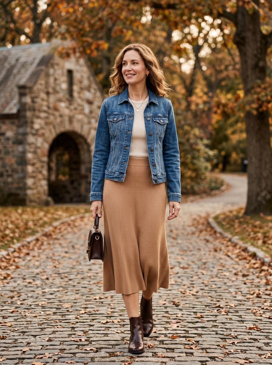 Denim Jacket With Knit Midi Skirt