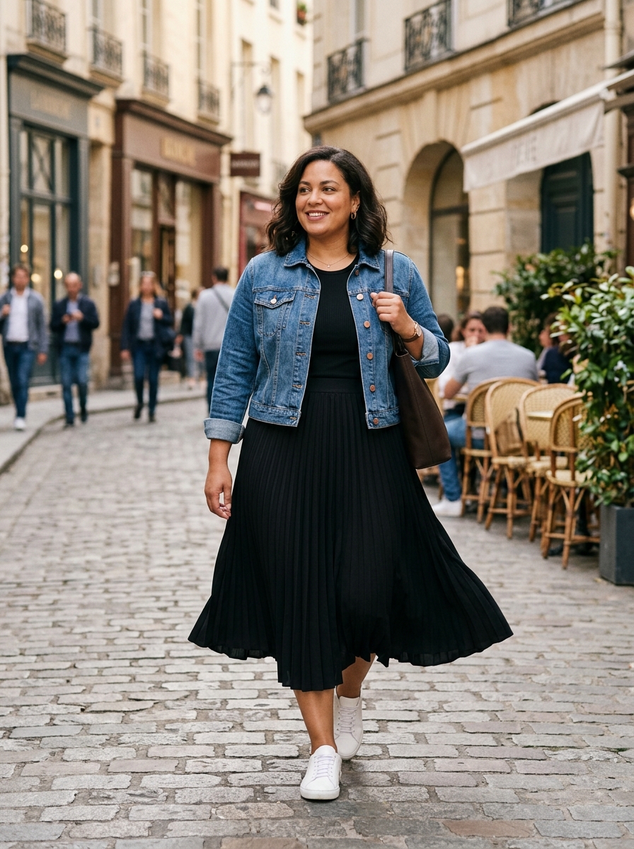 Denim Jacket With Pleated Midi Skirt and Sneakers