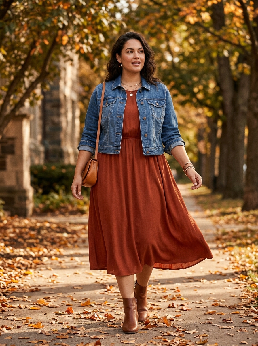 Denim Jacket With Rust Midi Dress