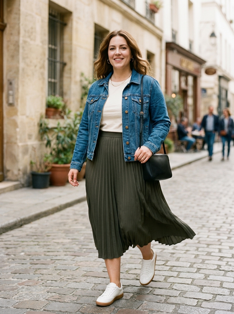 Denim Jacket With a Midi Skirt and Simple Tee