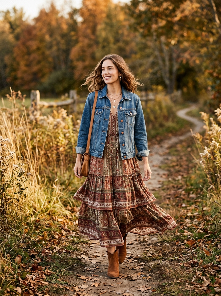 Denim Jacket With a Tiered Boho Maxi Dress
