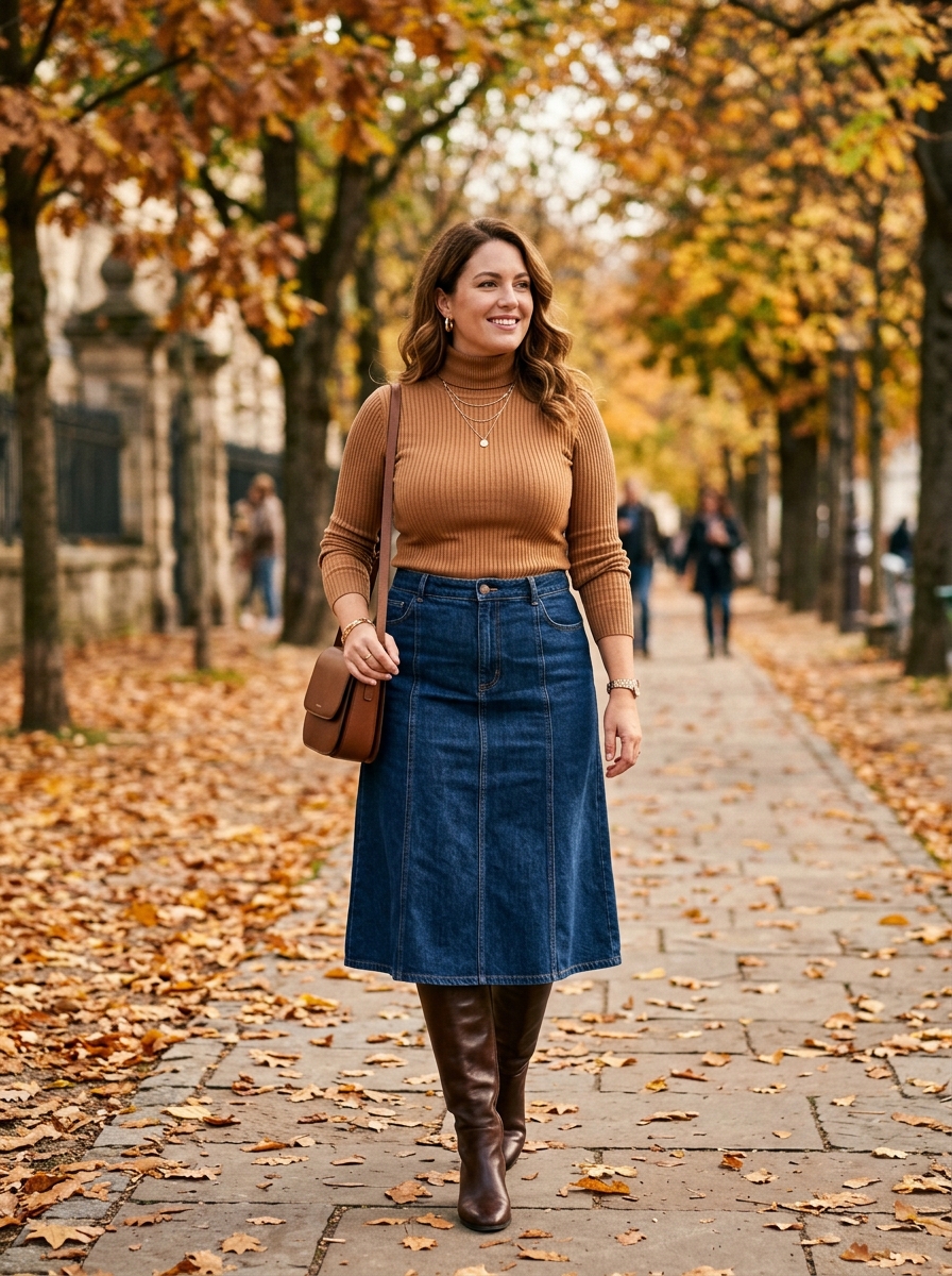 Denim Midi Skirt With Ribbed Turtleneck