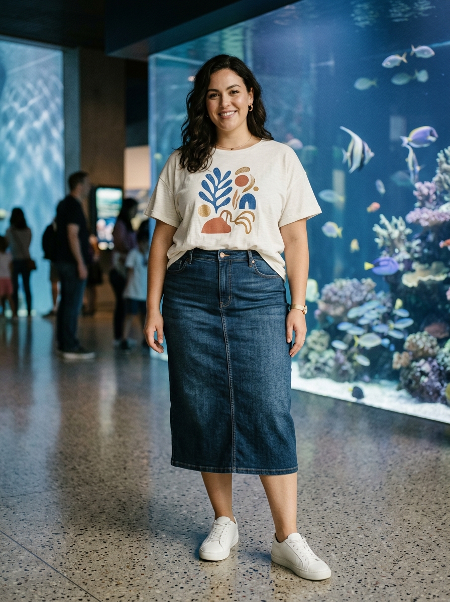 Denim Midi Skirt With a Relaxed Graphic Tee