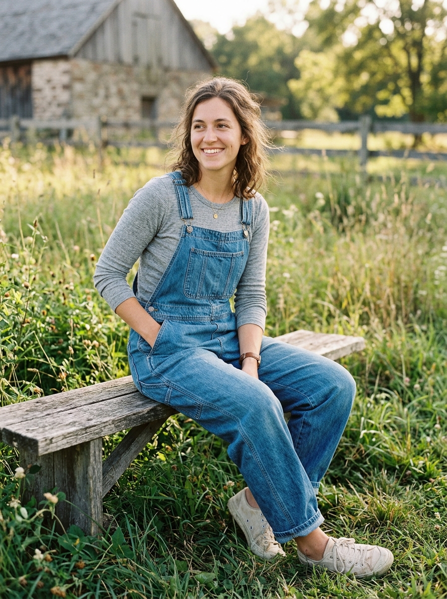 Denim Overalls With a Soft Long-Sleeve Tee