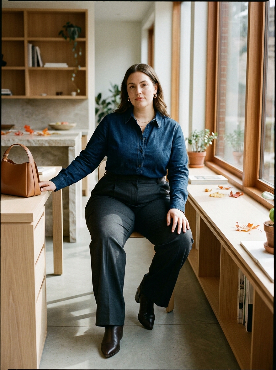 Denim Shirt With Tailored Wide-Leg Pants