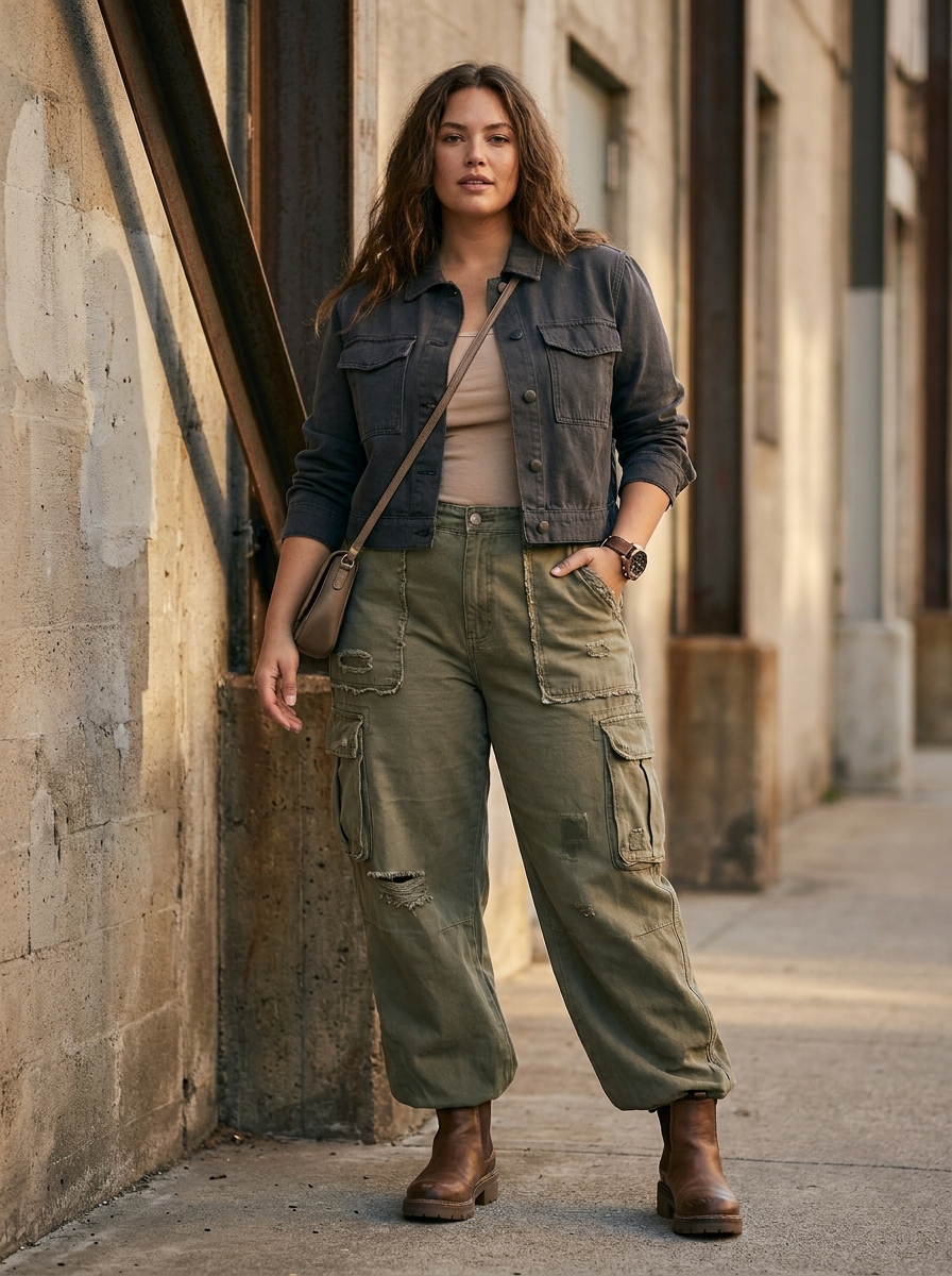 Distressed Cargo Pants With Cropped Utility Jacket