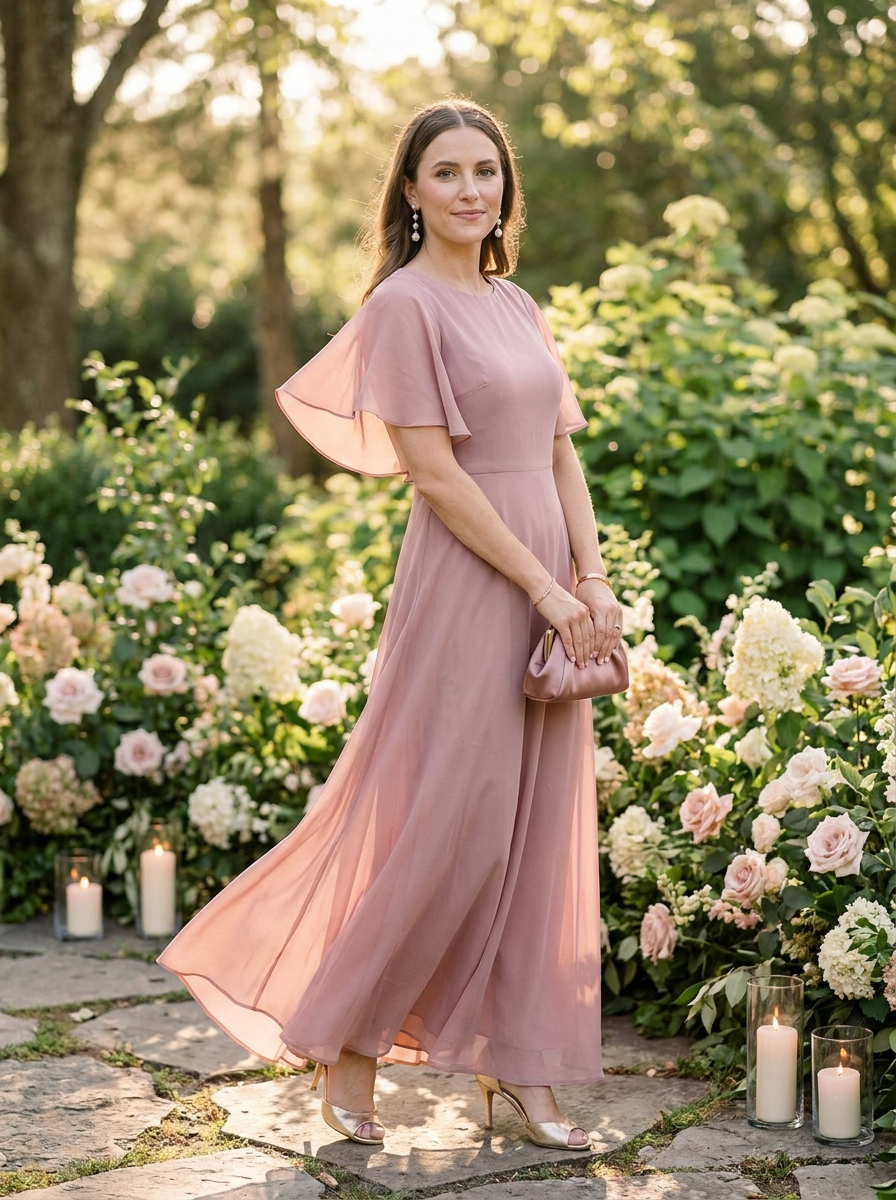 Dusty Rose Chiffon Dress With Flutter Sleeves