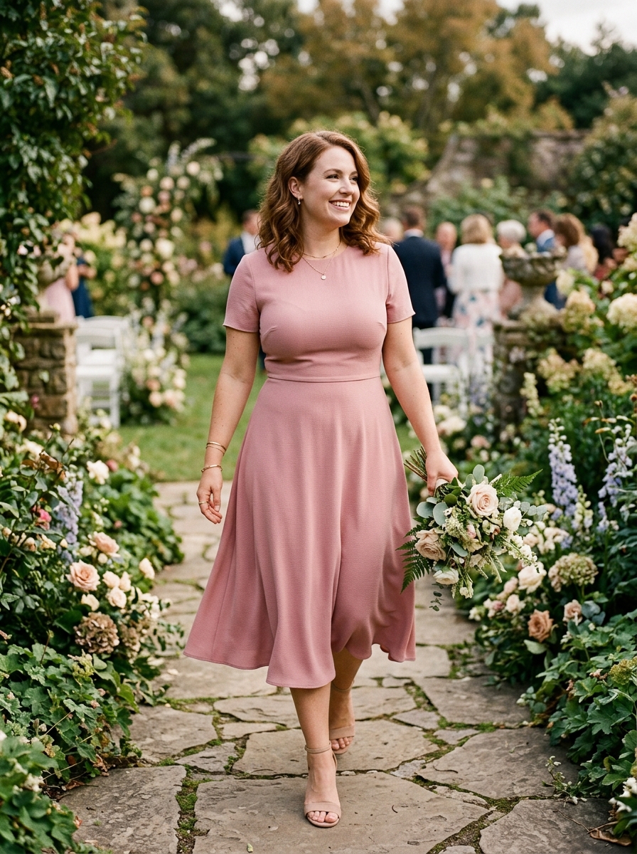 Dusty Rose Fit-and-Flare Midi Dress