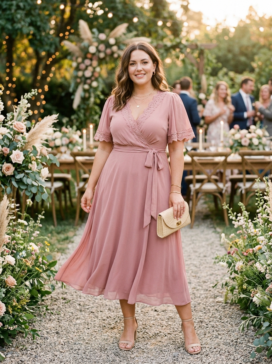 Dusty Rose Lace-Trim Midi Dress
