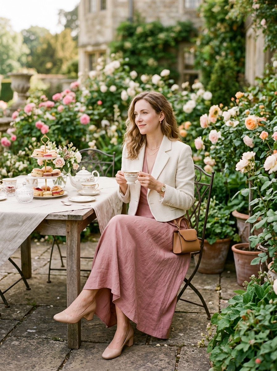 Dusty Rose Maxi Dress With a Cropped Jacket