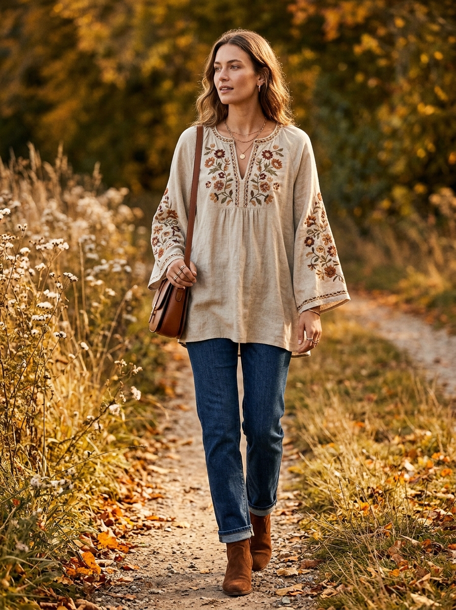 Embroidered Tunic With Straight-Leg Jeans