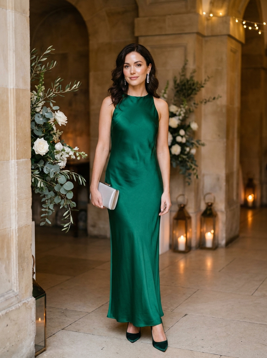 Emerald Column Dress With Crystal Earrings