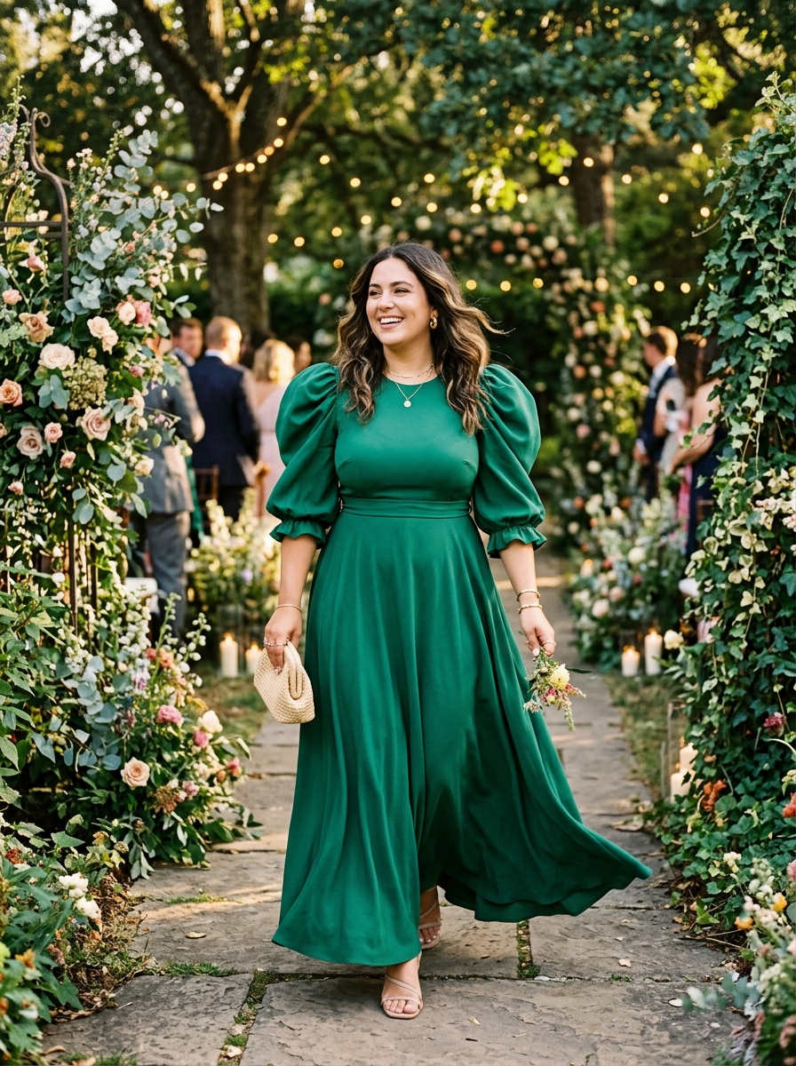 Emerald Green Puff-Sleeve Maxi Dress
