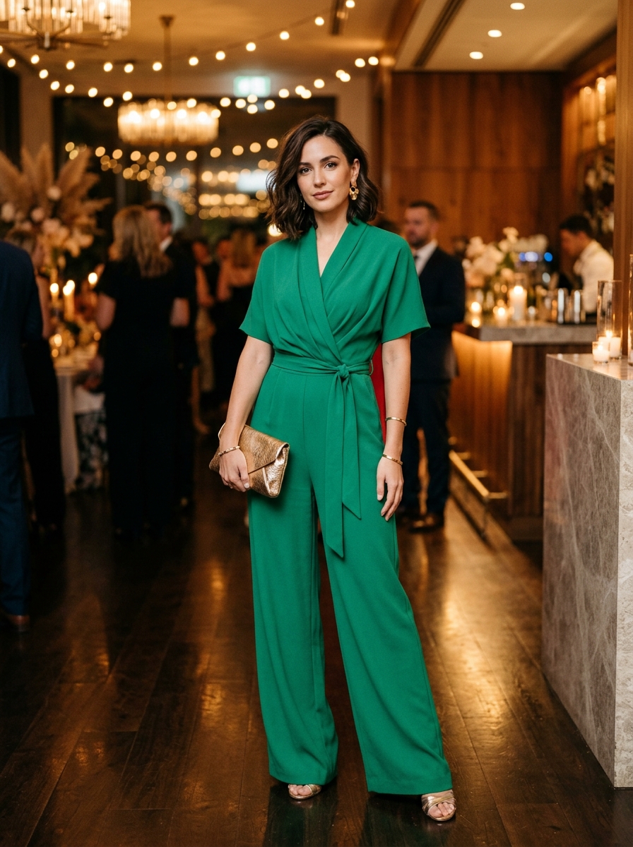 Emerald Green Wrap Jumpsuit With Metallic Accessories