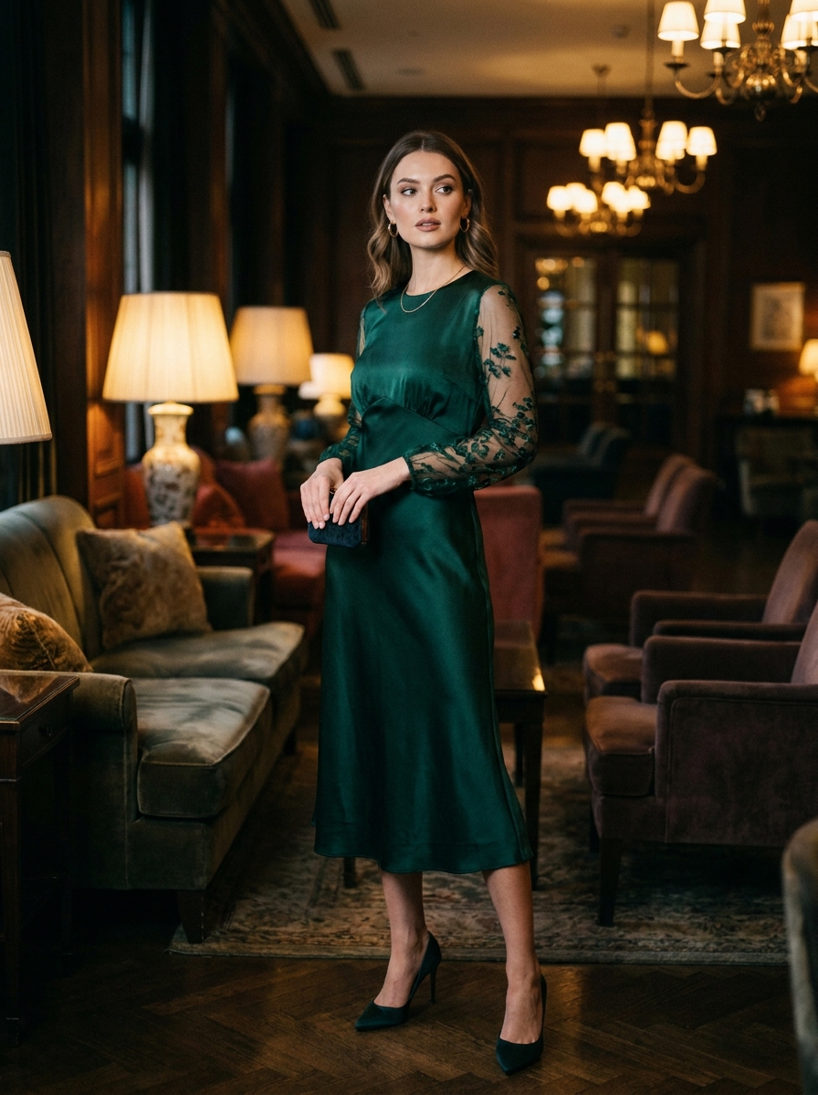 Emerald Mesh-Sleeve Midi Dress
