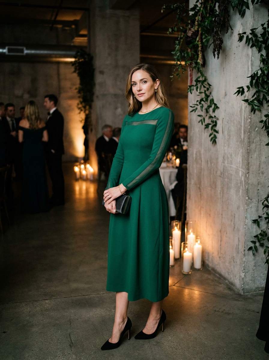 Emerald Midi Dress With Mesh Paneling