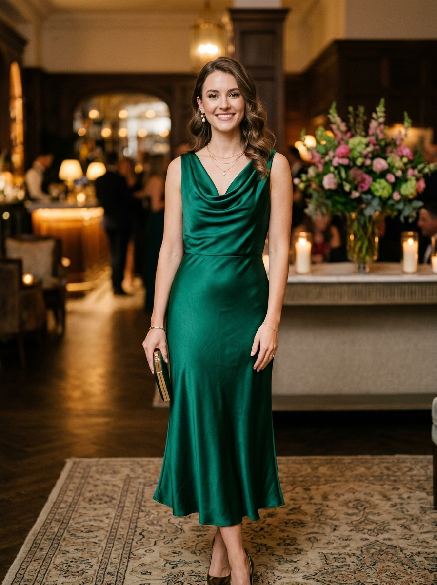 Emerald Satin Midi With Cowl Neckline