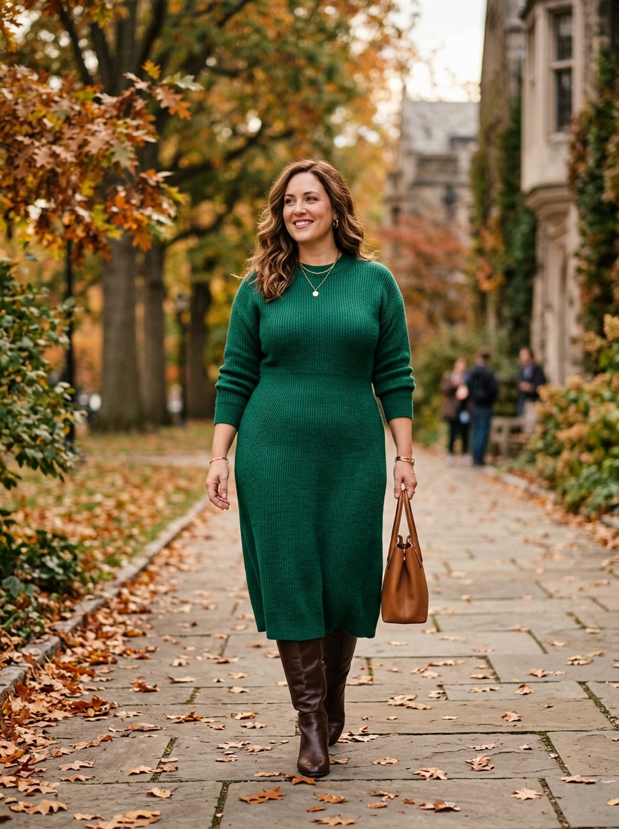 Emerald Sweater Dress With Tall Boots