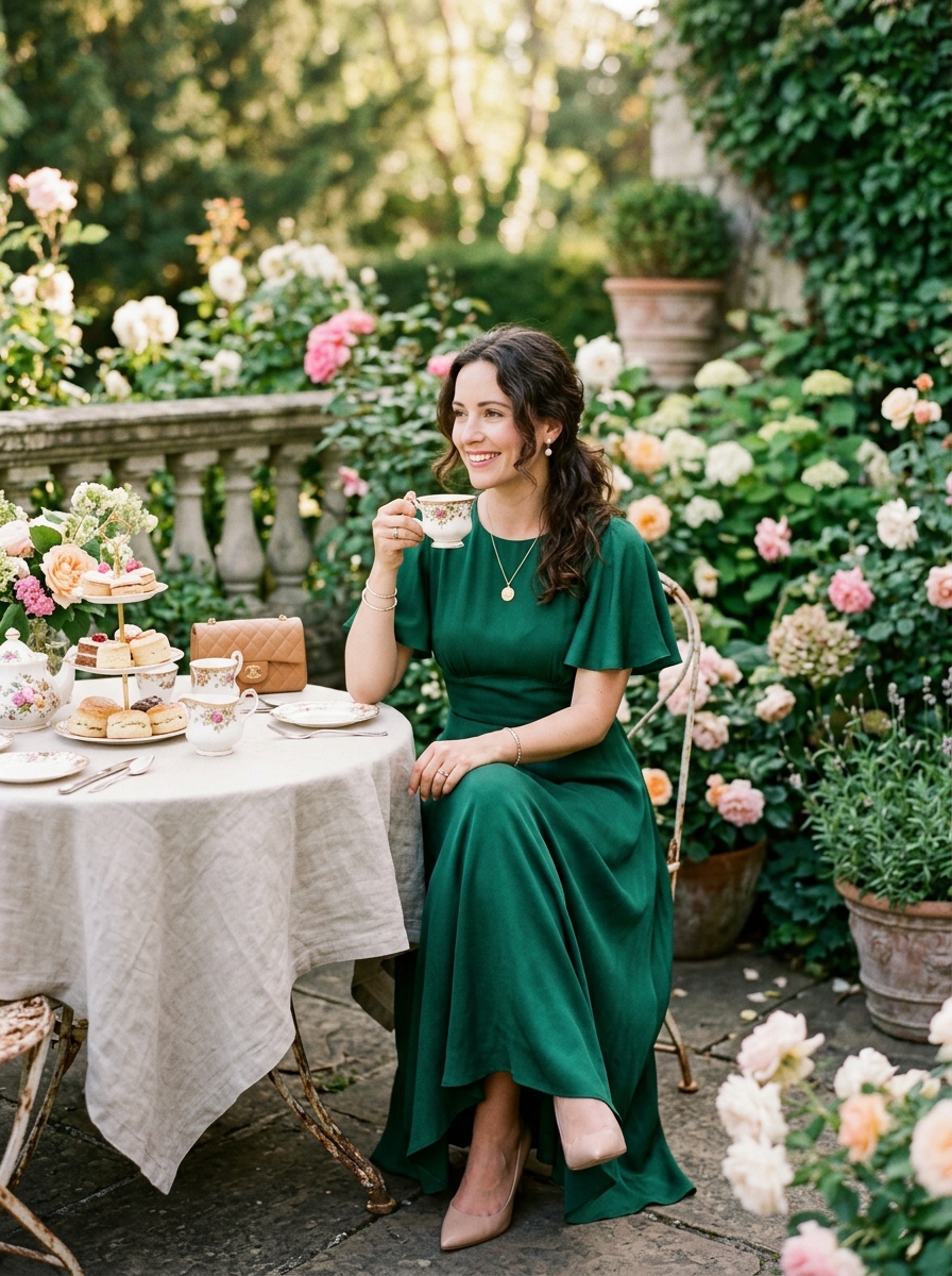 Emerald Tea Dress With Flutter Sleeves