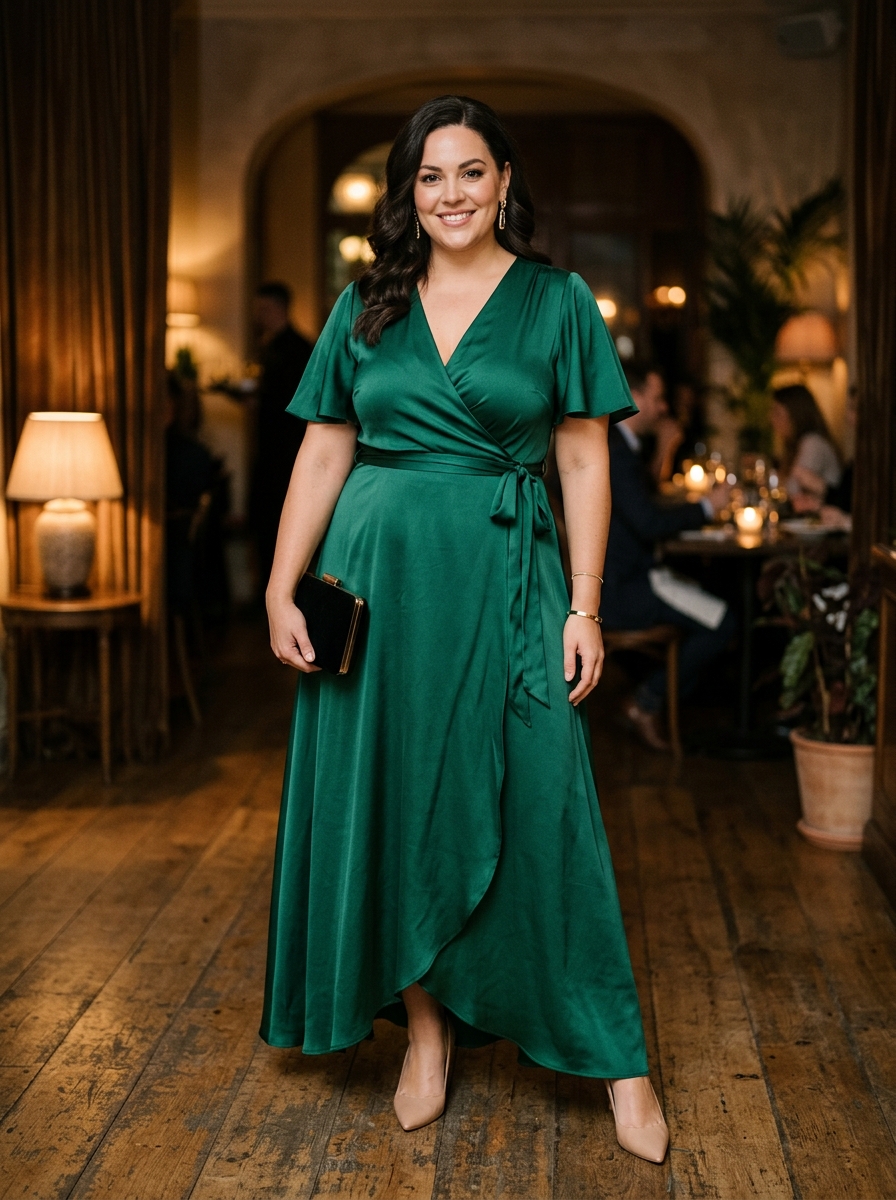 Emerald Wrap Maxi Dress With Flutter Sleeves