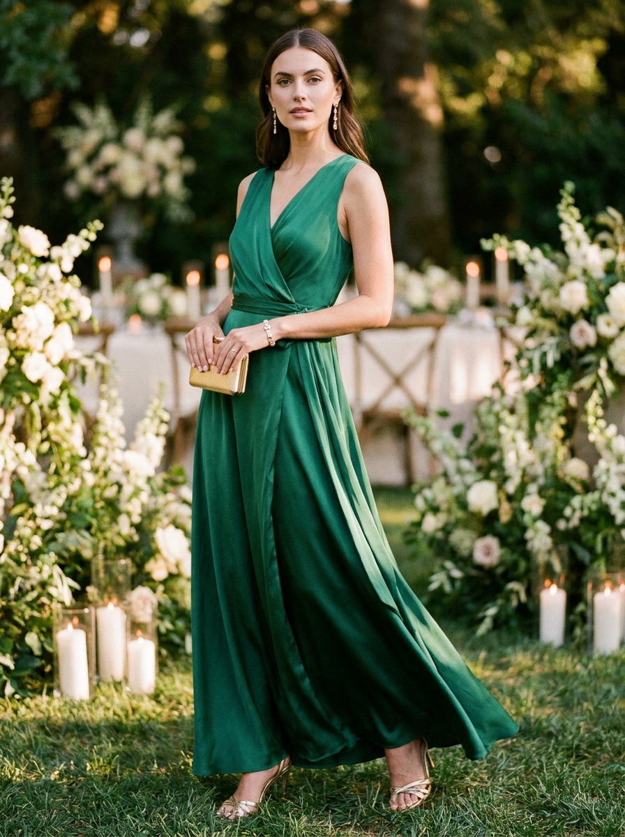 Emerald Wrap Maxi Dress With Gold Accessories