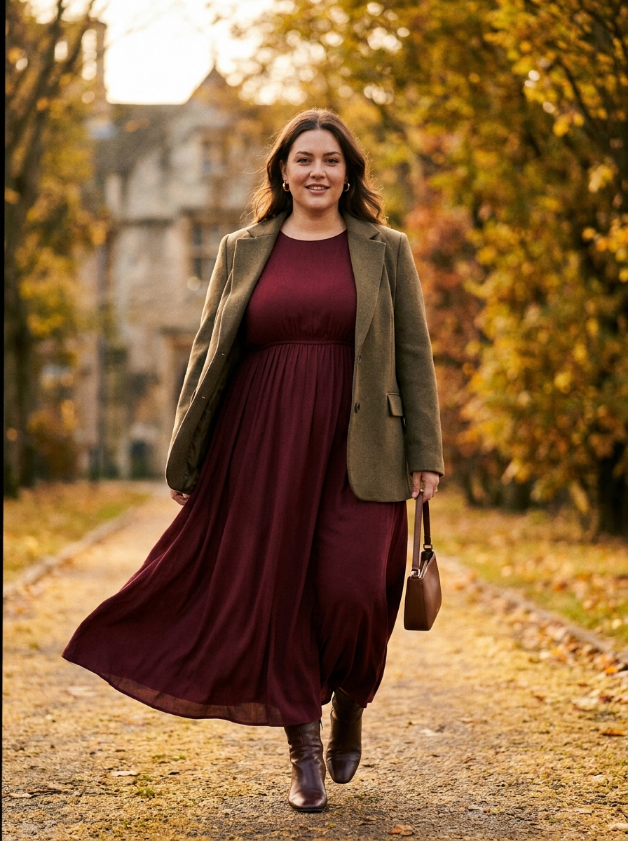 Empire-Waist Maxi Dress With a Light Jacket