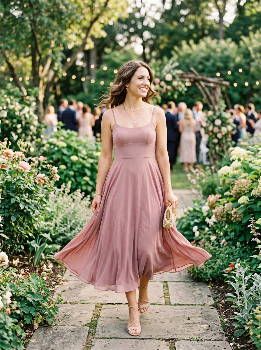 Empire-Waist Midi Dress With Low Sandals