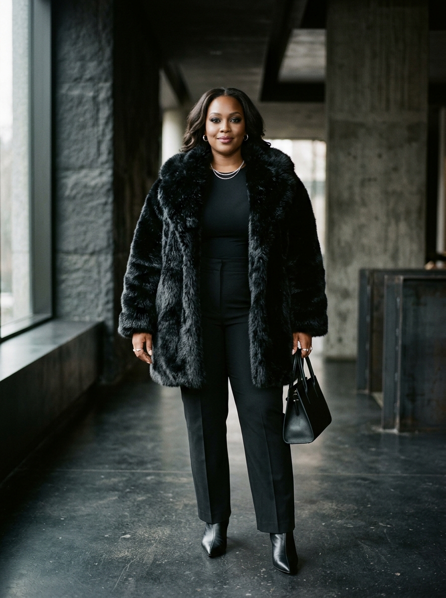 Faux Fur Coat With Monochrome Black Layers