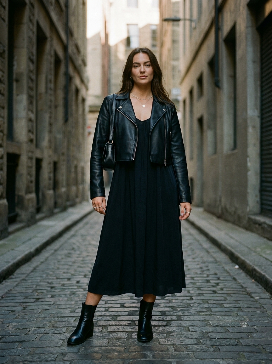 Faux Leather Jacket With Black Midi Dress