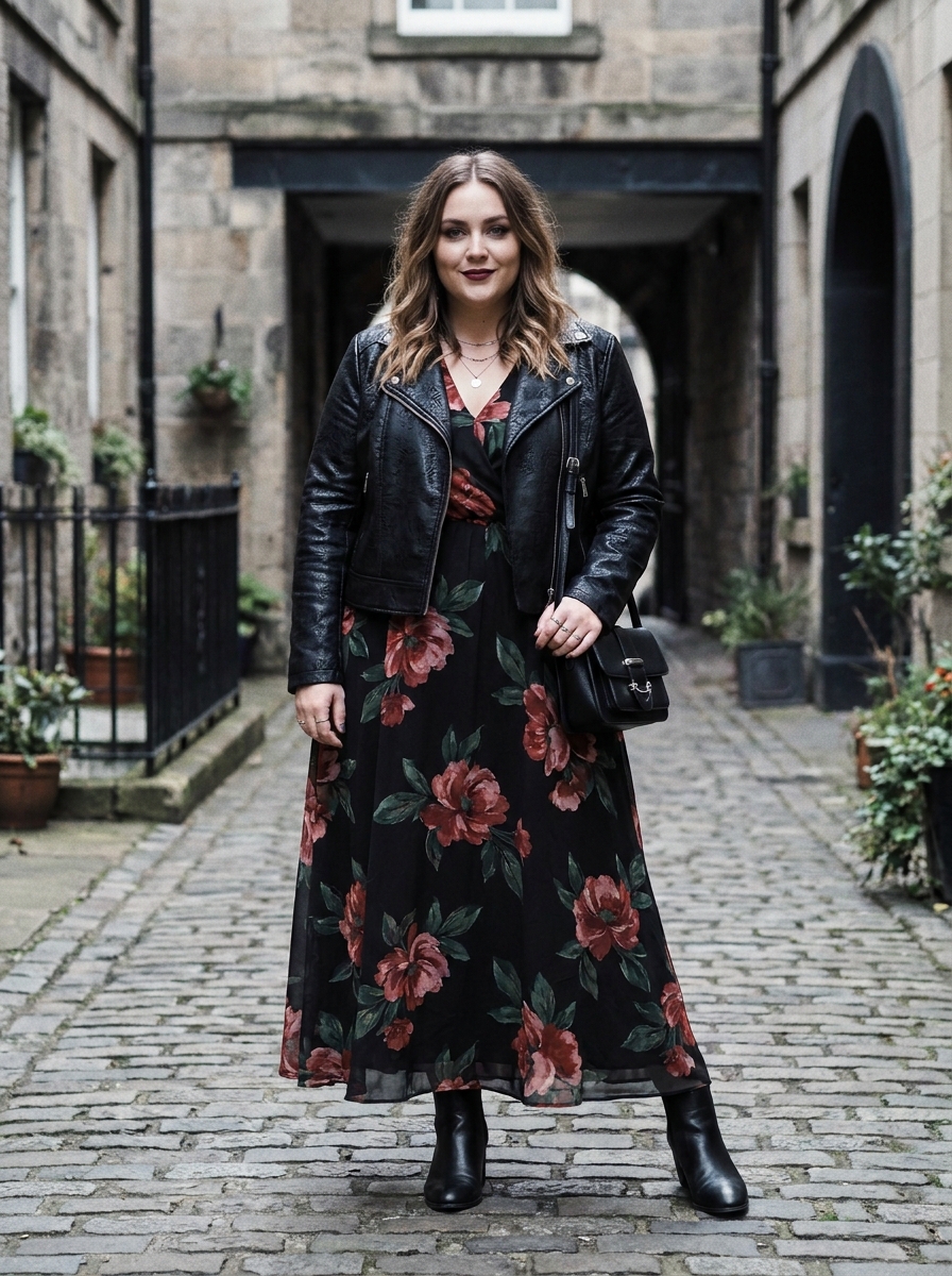 Faux Leather Jacket With Floral Maxi Dress