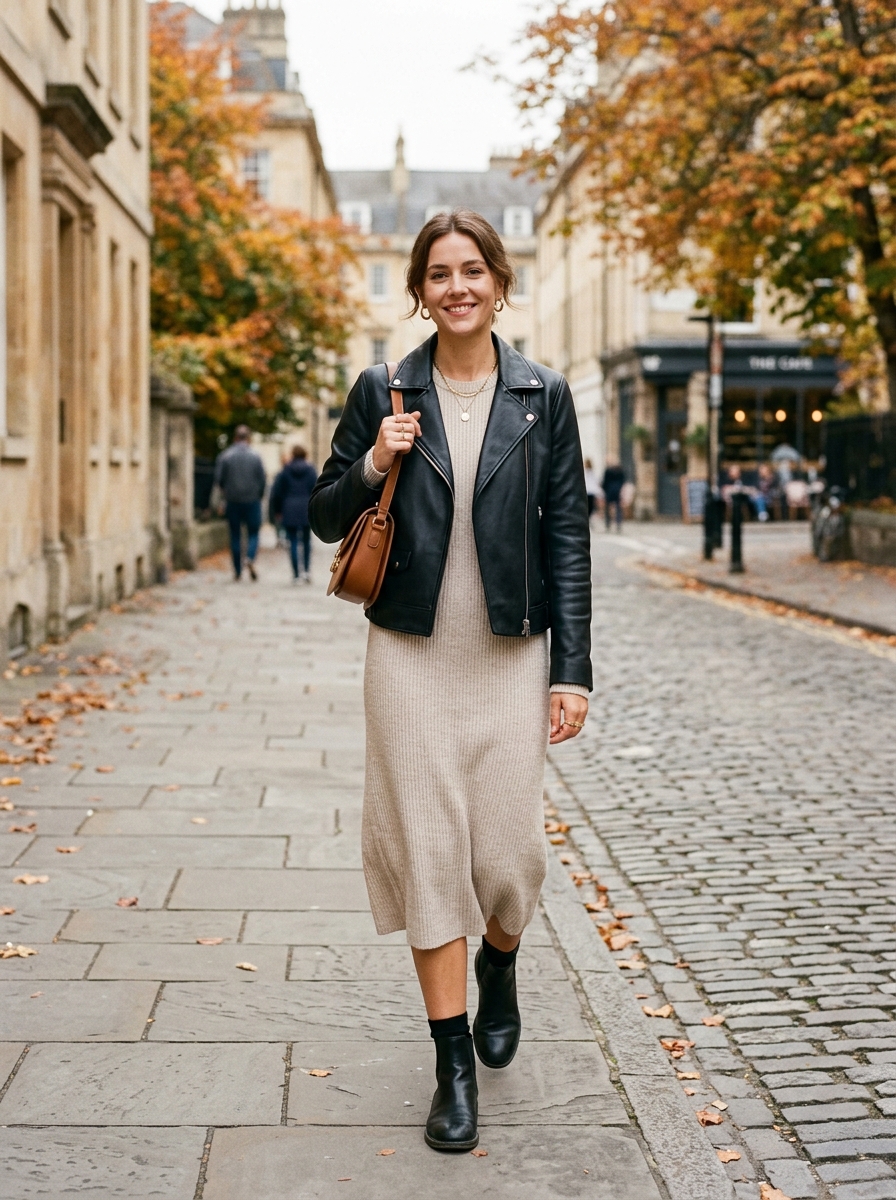 Faux Leather Jacket With Knit Dress and Chelsea Boots