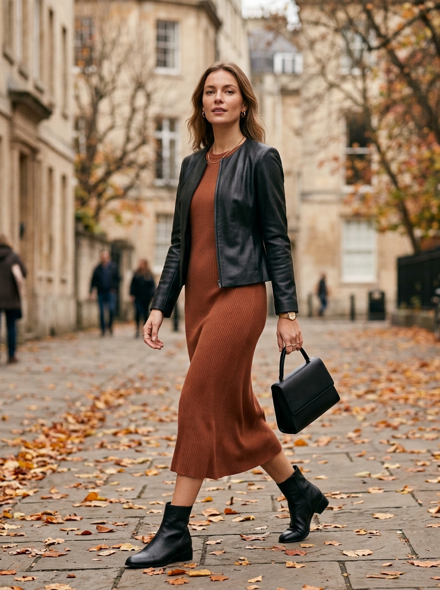 Faux Leather Jacket With Knit Dress