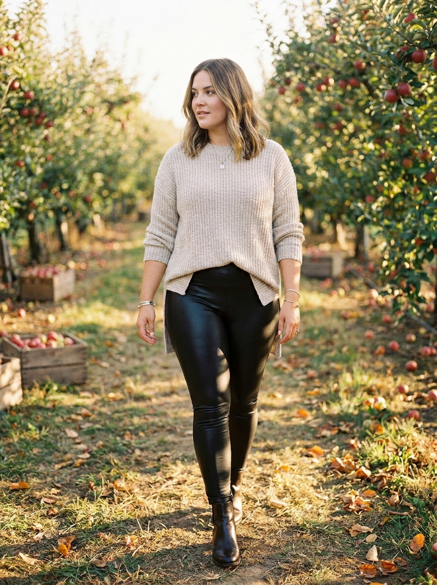 Faux Leather Leggings With a Tunic Sweater and Boots