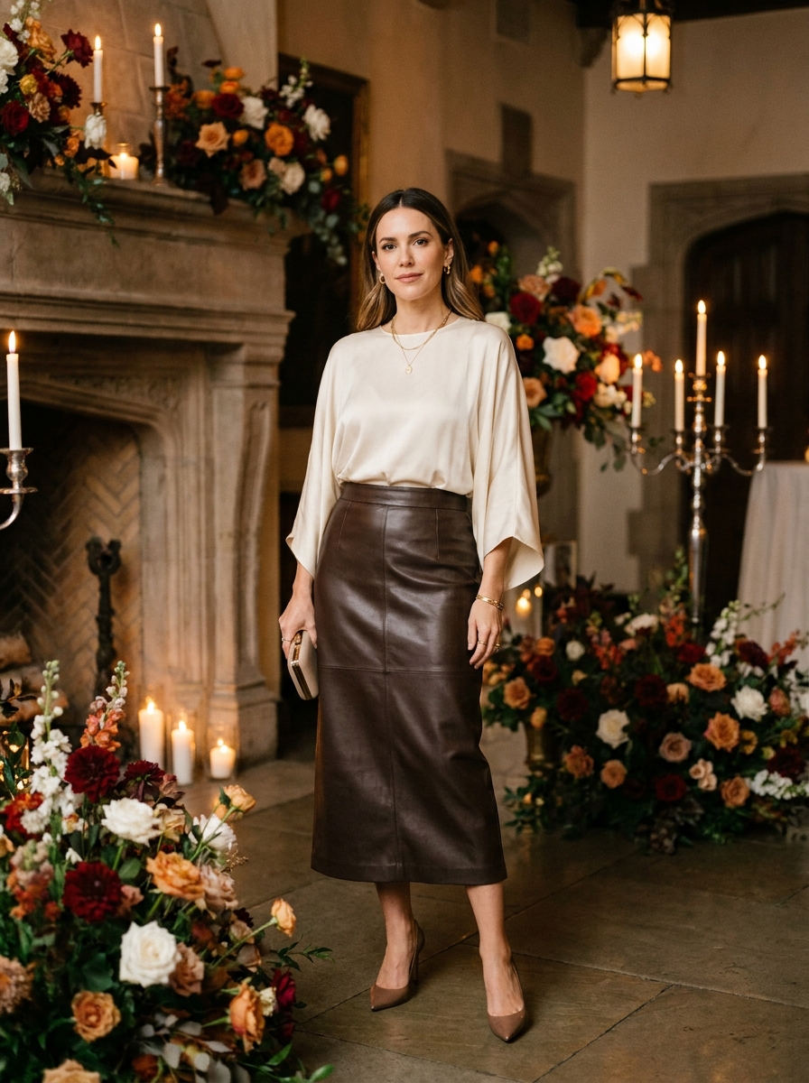 Faux Leather Midi Skirt With a Soft Blouse