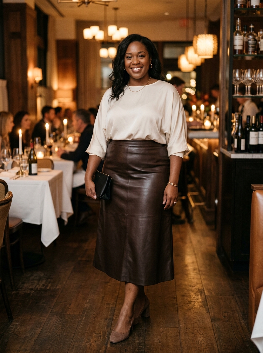 Faux Leather Skirt With a Soft Blouse