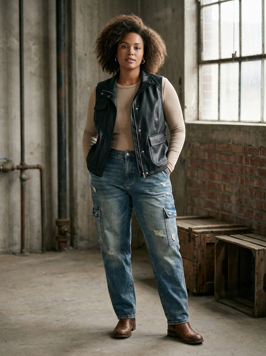 Faux Leather Vest With Relaxed Cargo Jeans