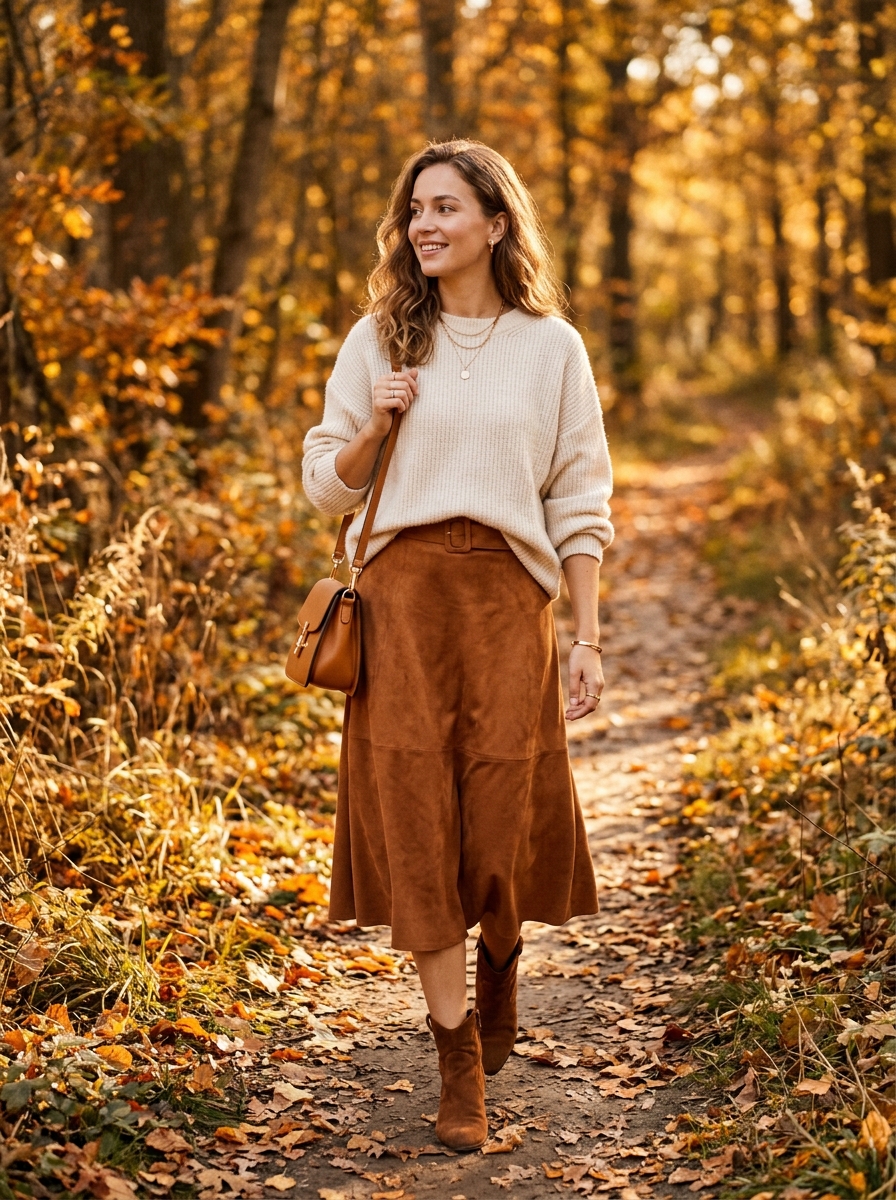 Faux Suede Skirt With a Relaxed Knit Sweater