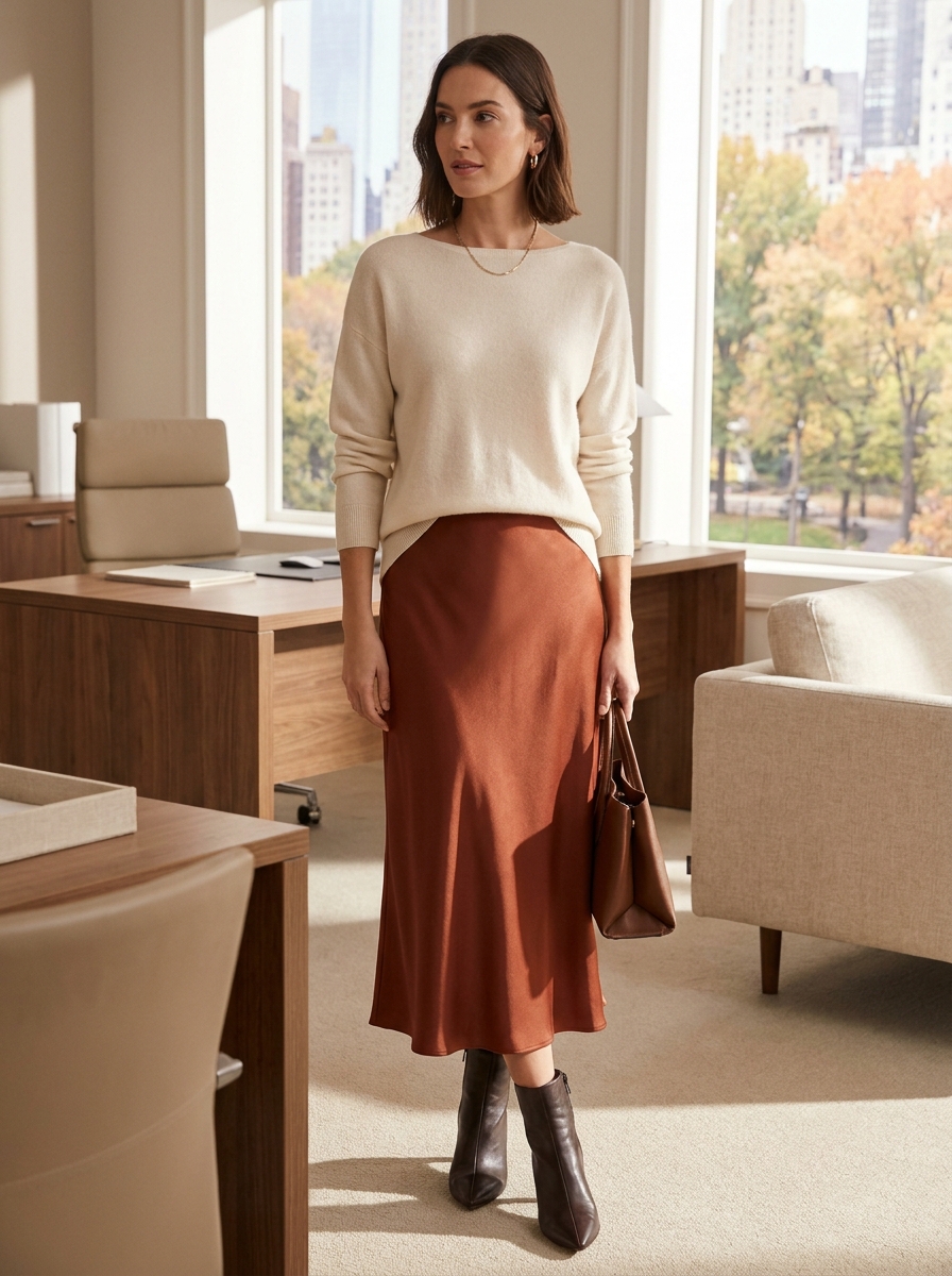 Fine-Knit Sweater With Satin Midi Skirt