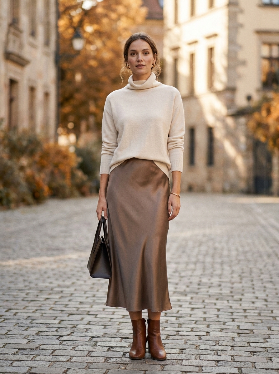 Fine-Knit Sweater With Satin Midi Skirt