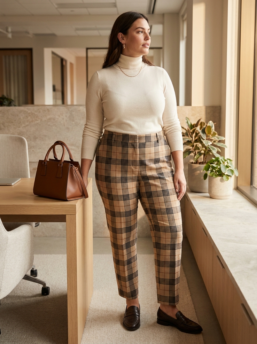 Fine-Knit Turtleneck With Plaid Trousers