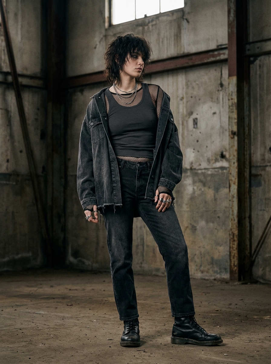 Fishnet Layer With Oversized Denim Jacket