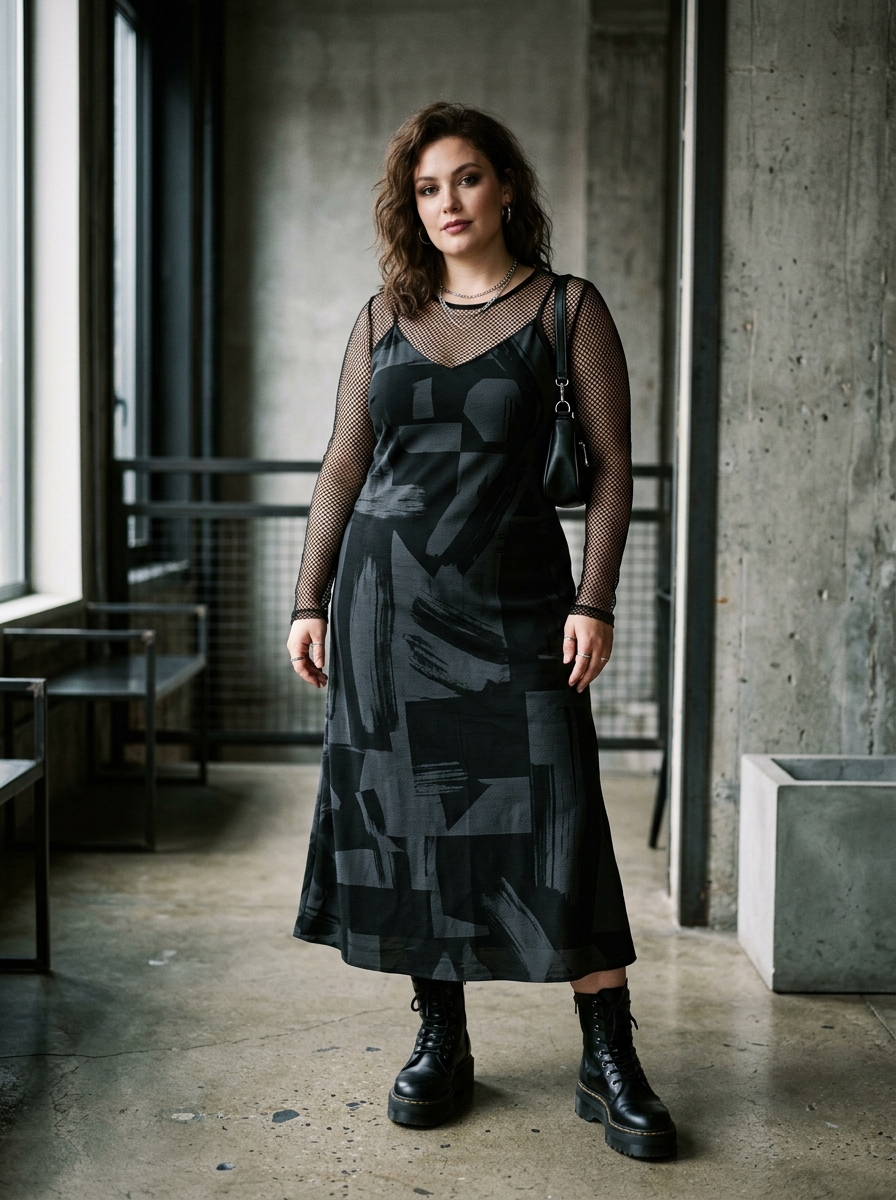 Fishnet Top With Graphic Slip Dress