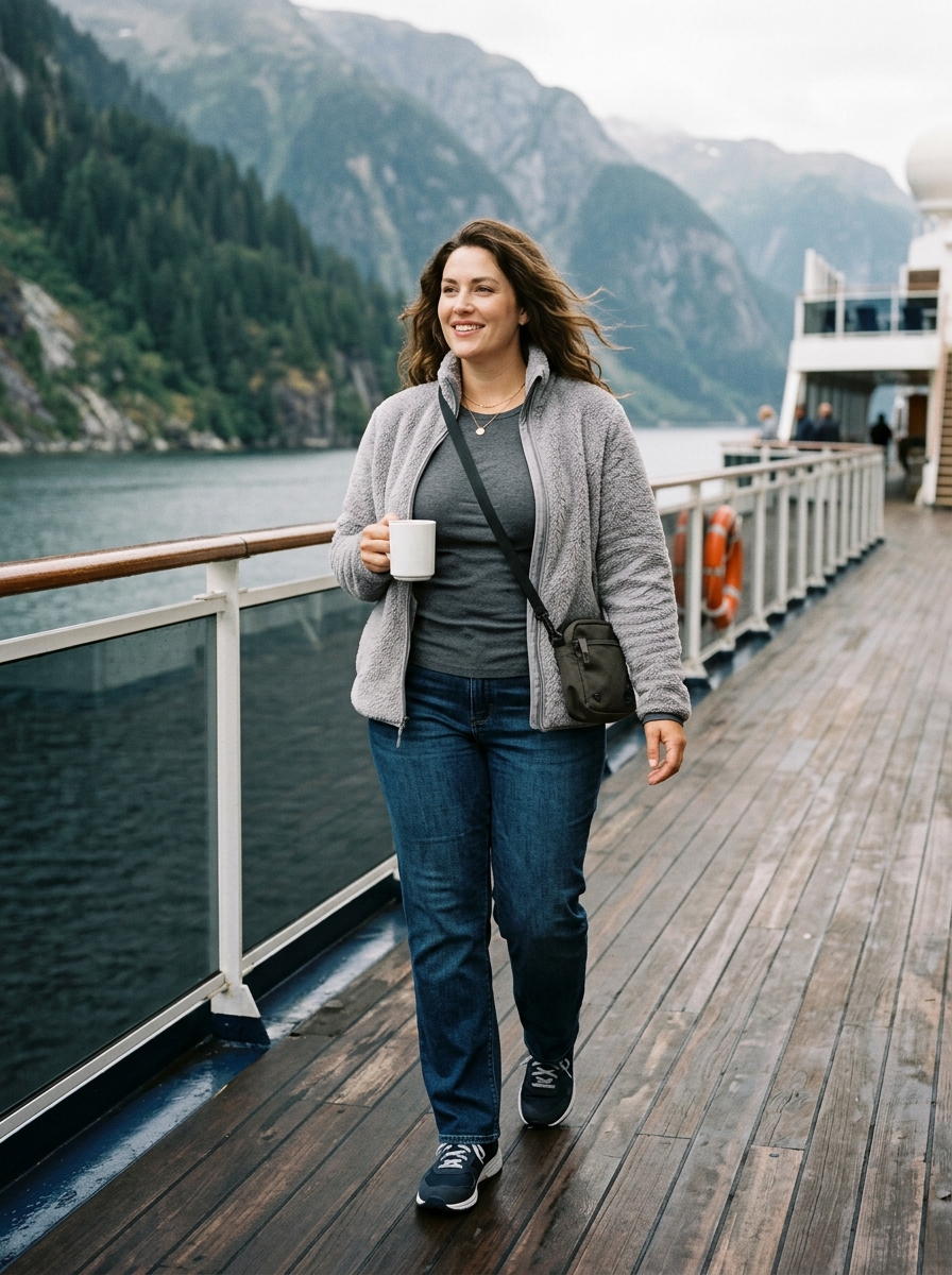 Fleece Jacket With Long-Sleeve Tee and Relaxed Jeans