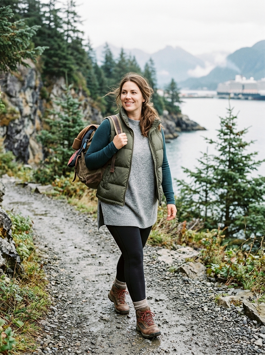 Fleece-Lined Leggings With a Tunic Sweater and Hiking Shoes