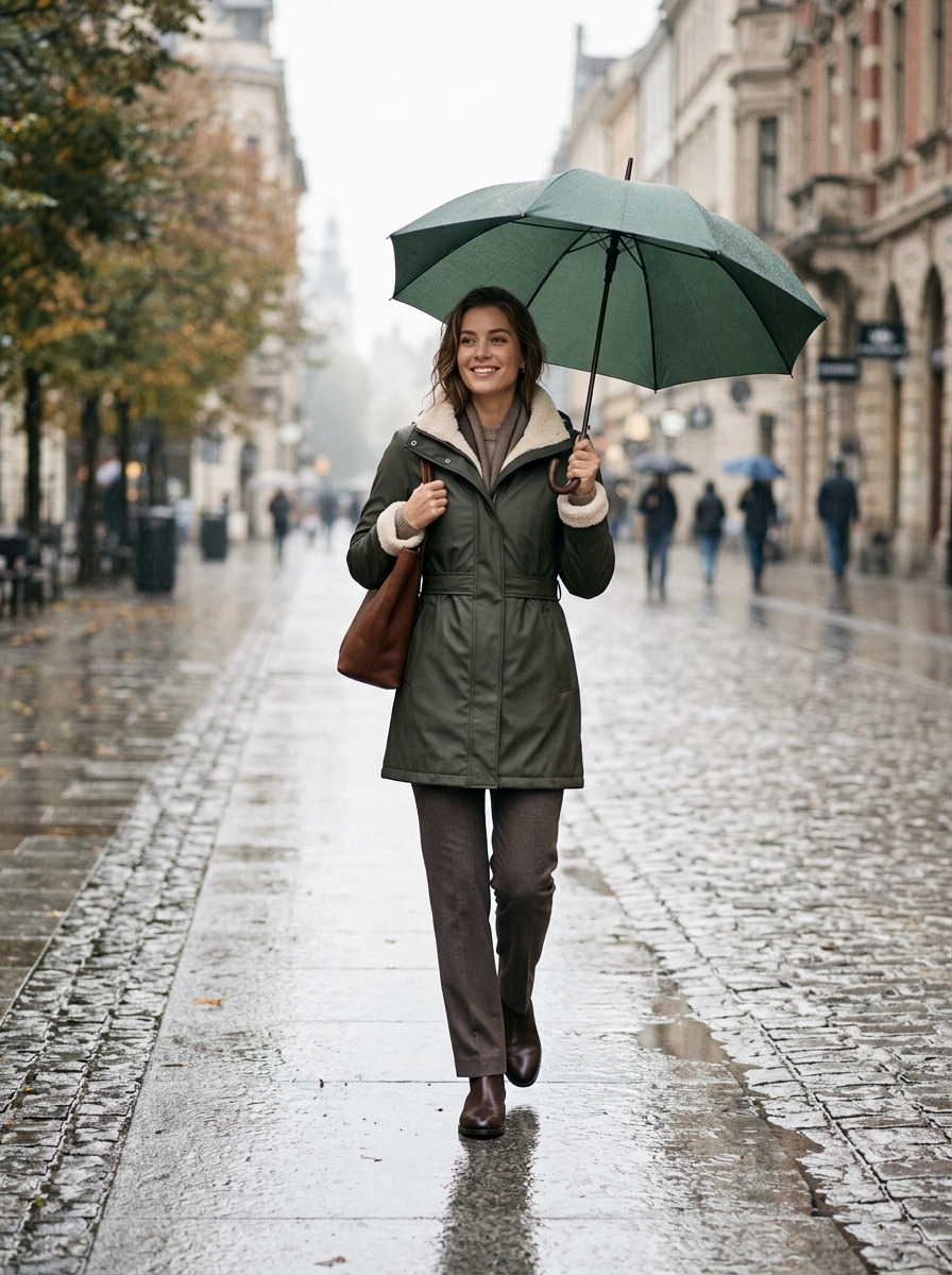 Fleece-Lined Raincoat With Straight-Leg Pants