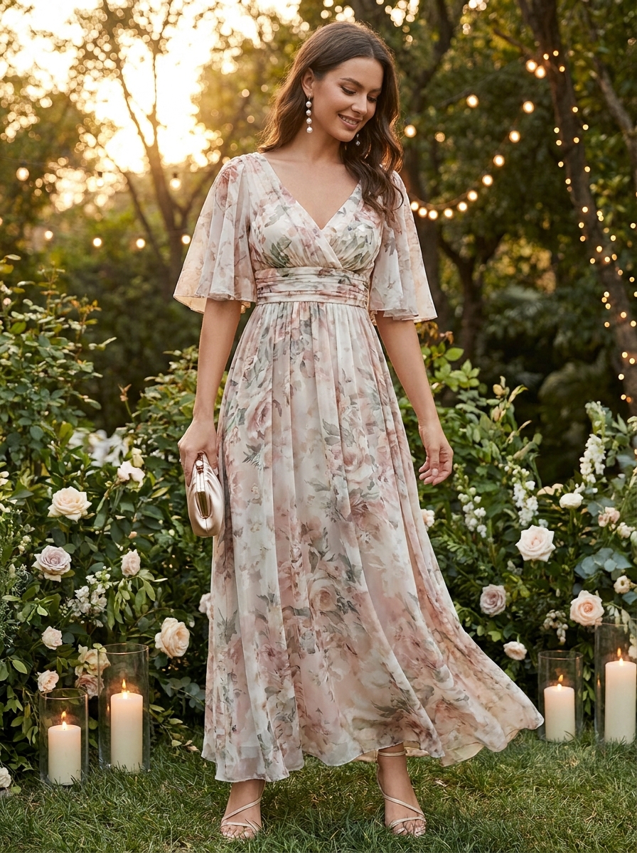 Floral Empire-Waist Maxi Dress With Soft Sleeves