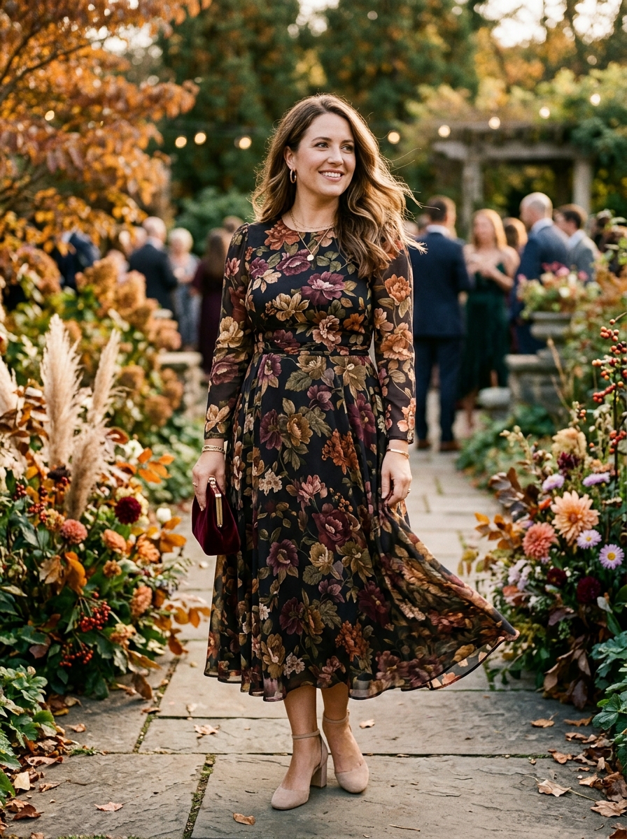 Floral Long-Sleeve Midi Dress