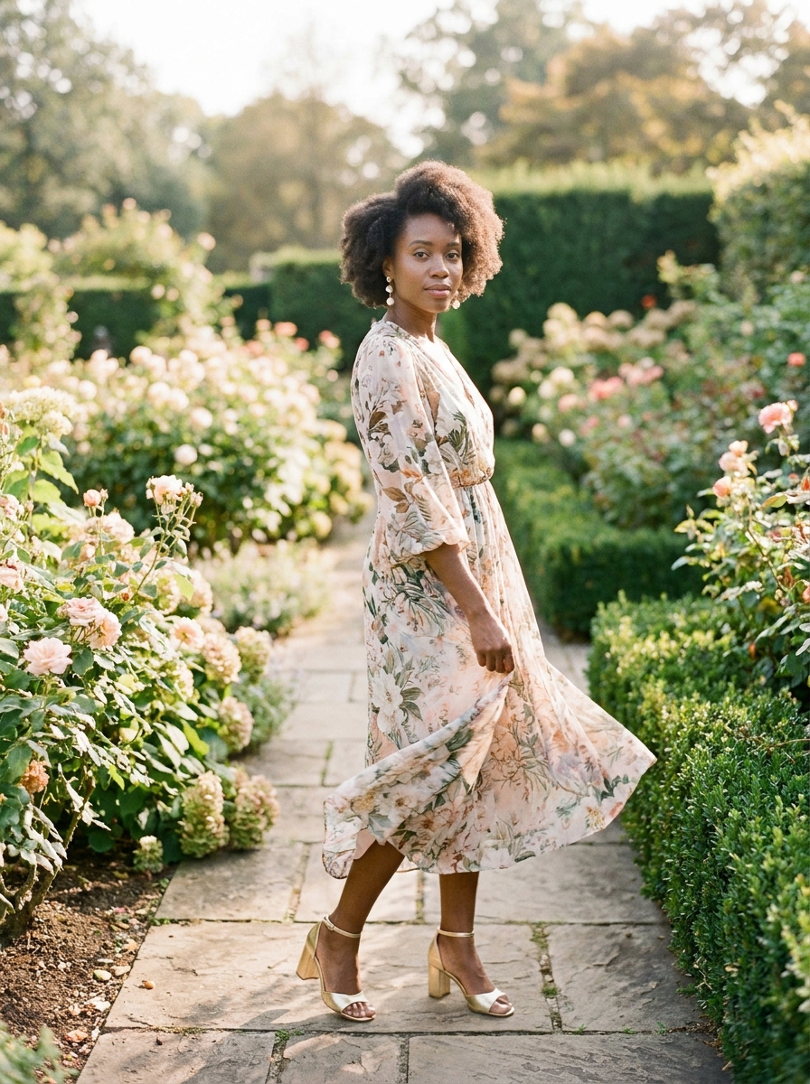 Floral Midi Dress With Block Heels